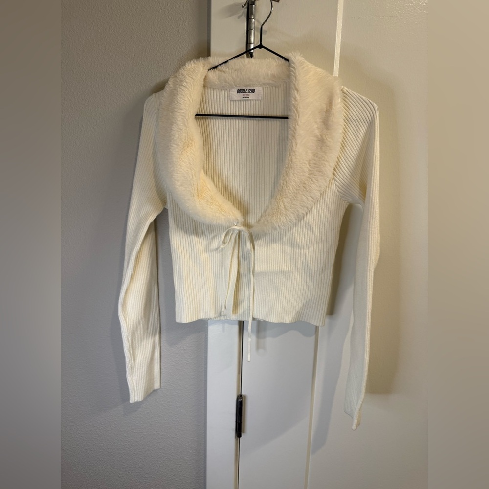 White faux fur tie-up cardigan #fauxfur #cardigan